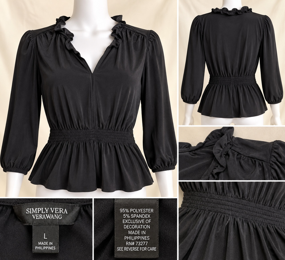 Simply Vera Vera Wang L Black 3/4 Sleeve Ruffle Peasant Coquette Romantic Blouse